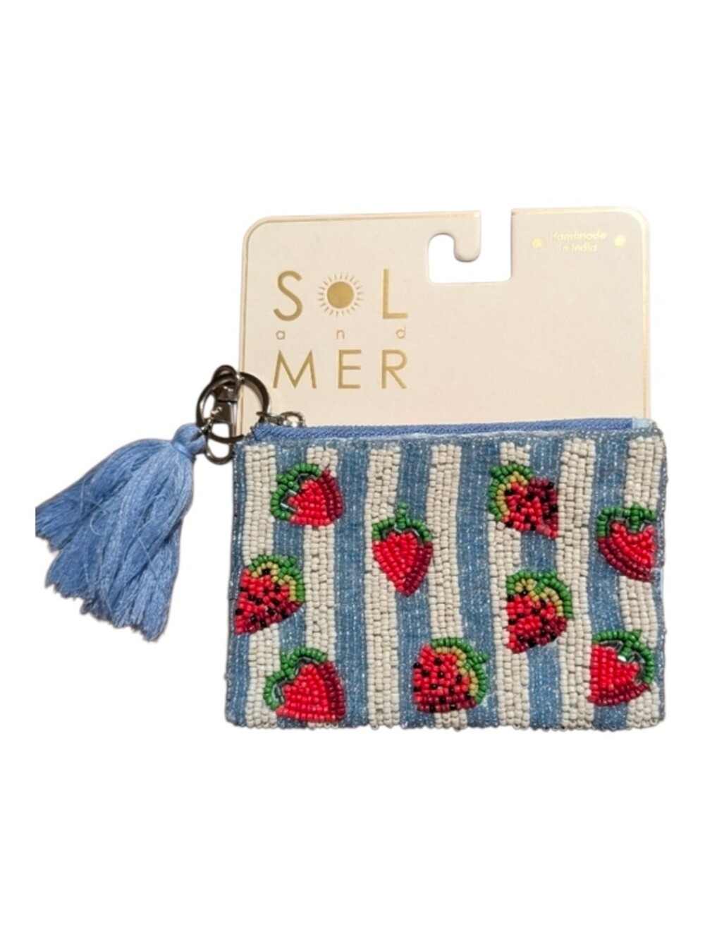 💙▪️Sol and Mer ▪️Blue Beaded Strawberry Coin Pouch with Tassel